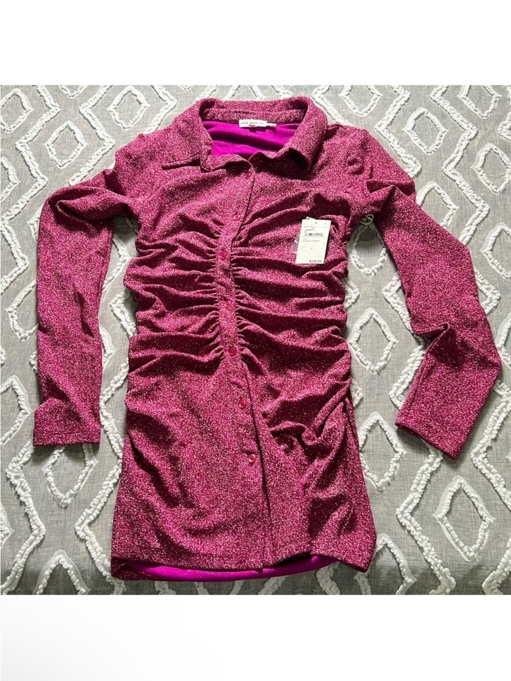 Good American Pink Sparkle Metallic Ruched Mini Dress Long Sleeve Sz 2 NWT - Picture 5 of 11